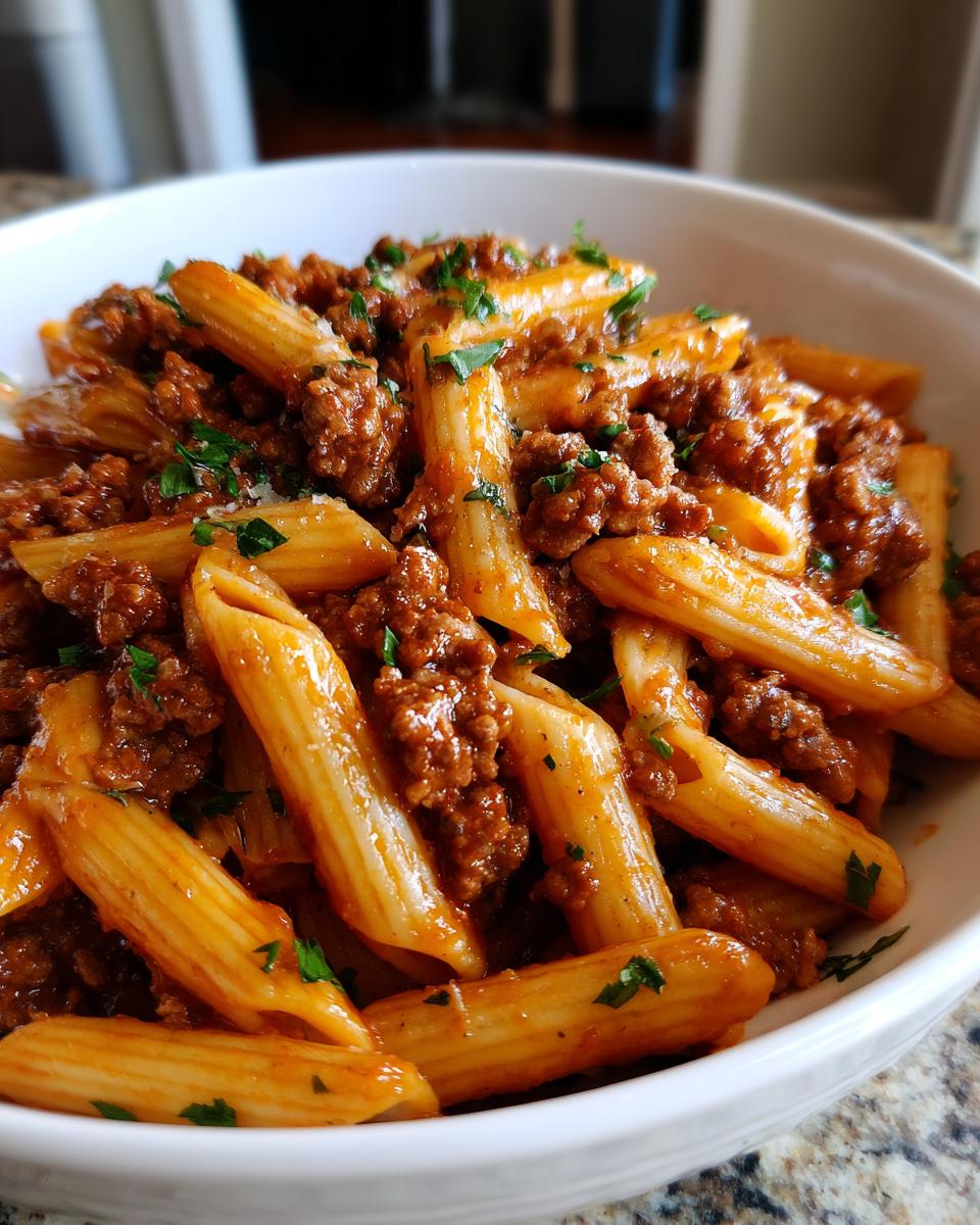 Nahaufnahme einer weißen Schüssel mit leckerer Nudelpfanne mit Hackfleisch und frischen Kräutern.