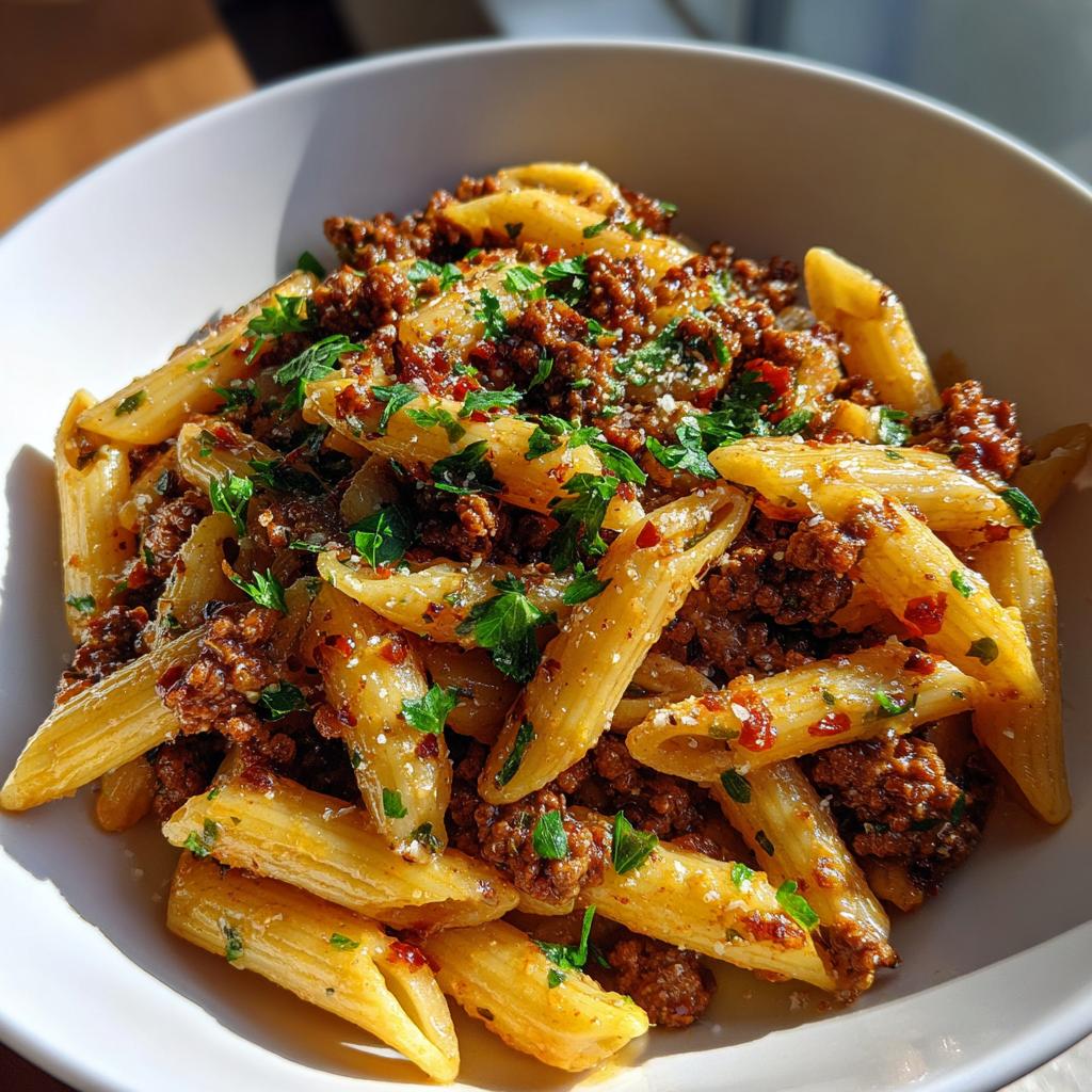 Nahaufnahme einer leckeren Nudelpfanne mit Hackfleisch und frischen Kräutern in einer weißen Schüssel.
