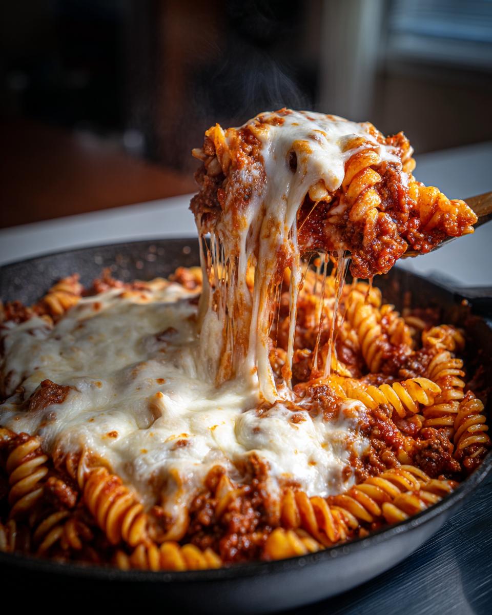 Ein Löffel voller Nudelpfanne mit Hackfleisch und Mozzarella, der herrlich zähflüssigen Käse zieht.