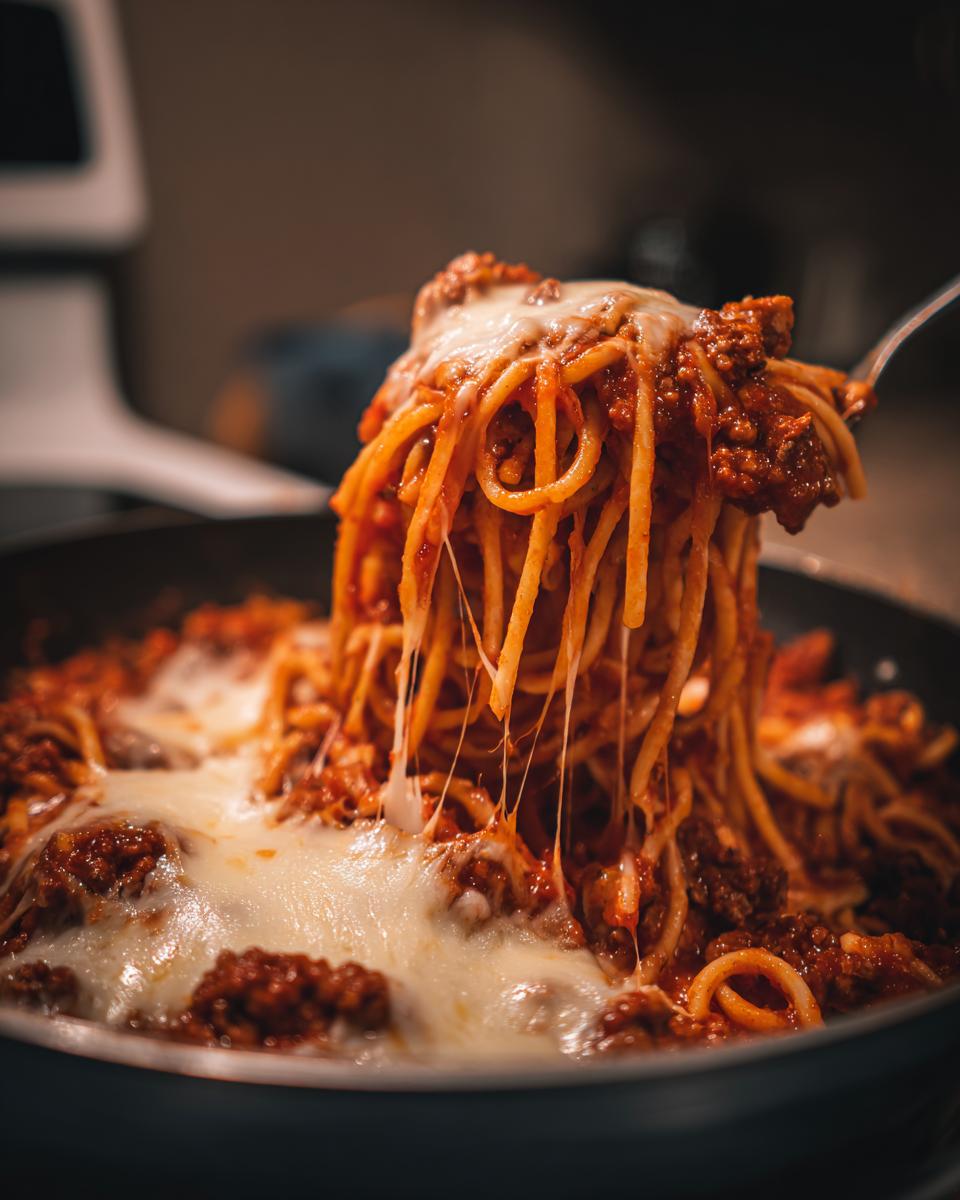 Gabel zieht Spaghetti aus der Nudelpfanne mit Hackfleisch und geschmolzenem Mozzarella.