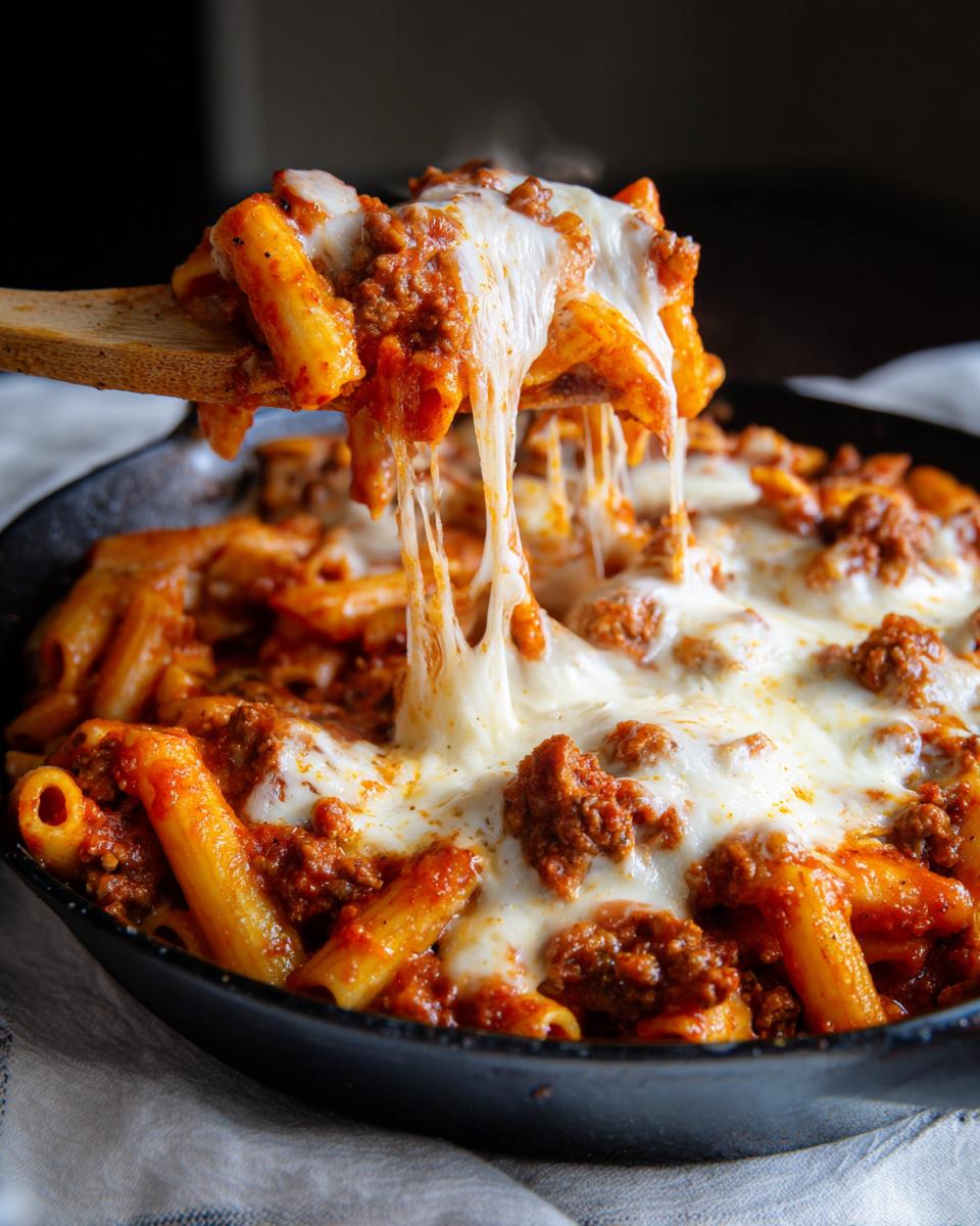 Ein Holzlöffel zieht Fäden von geschmolzenem Mozzarella aus einer heißen Nudelpfanne mit Hackfleisch und Tomatensoße.