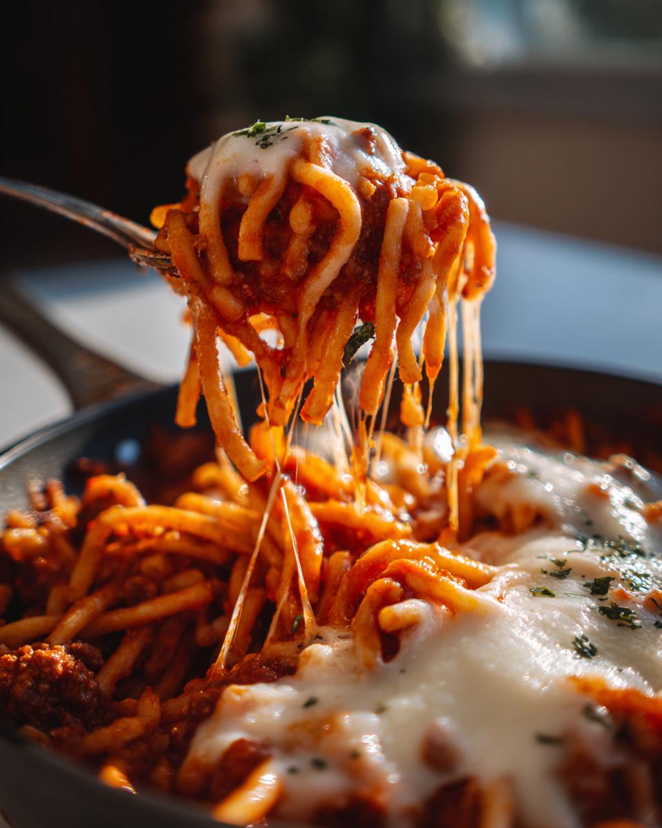 Nahaufnahme einer Gabel mit Nudeln, Hackfleisch und viel ziehendem, geschmolzenem Mozzarella aus der Nudelpfanne mit Hackfleisch.