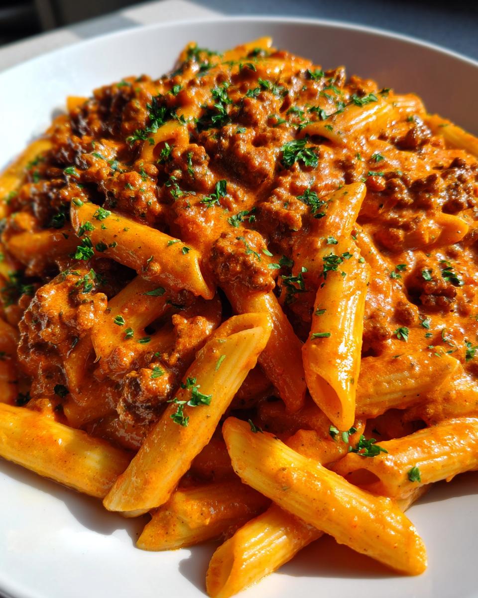 Eine Nahaufnahme von Penne-Nudeln, üppig bedeckt mit einer cremigen, rötlichen Sauce und Hackfleisch, garniert mit Petersilie – die perfekte Nudelpfanne mit Hackfleisch und Paprikacreme.