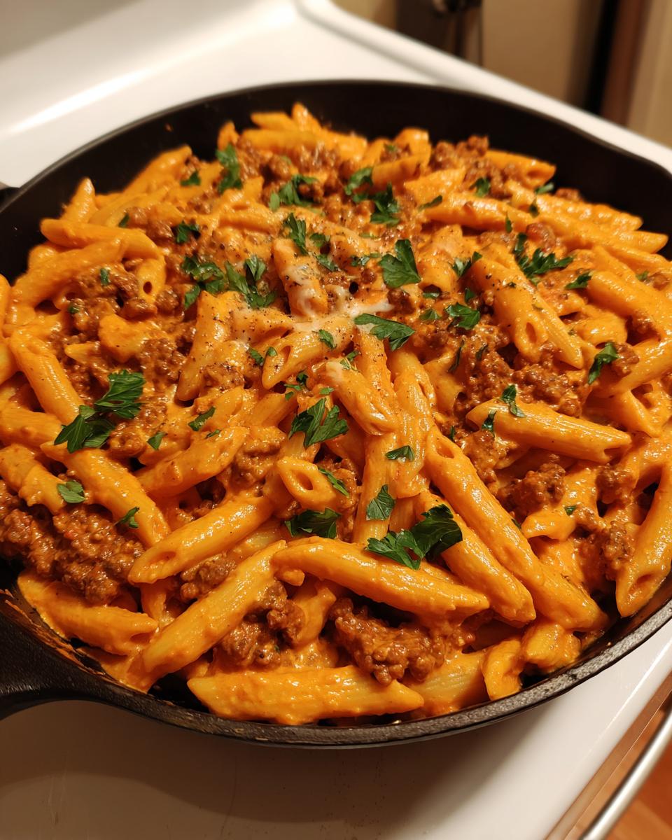 Eine volle gusseiserne Pfanne mit cremiger Nudelpfanne mit Hackfleisch und Paprikacreme, garniert mit Petersilie.