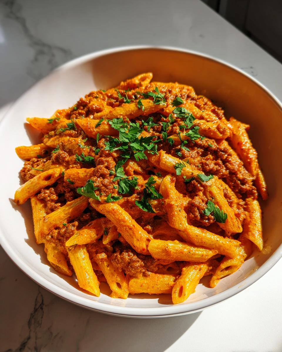 Eine Schüssel mit cremiger Nudelpfanne mit Hackfleisch und Paprikacreme, garniert mit Petersilie.