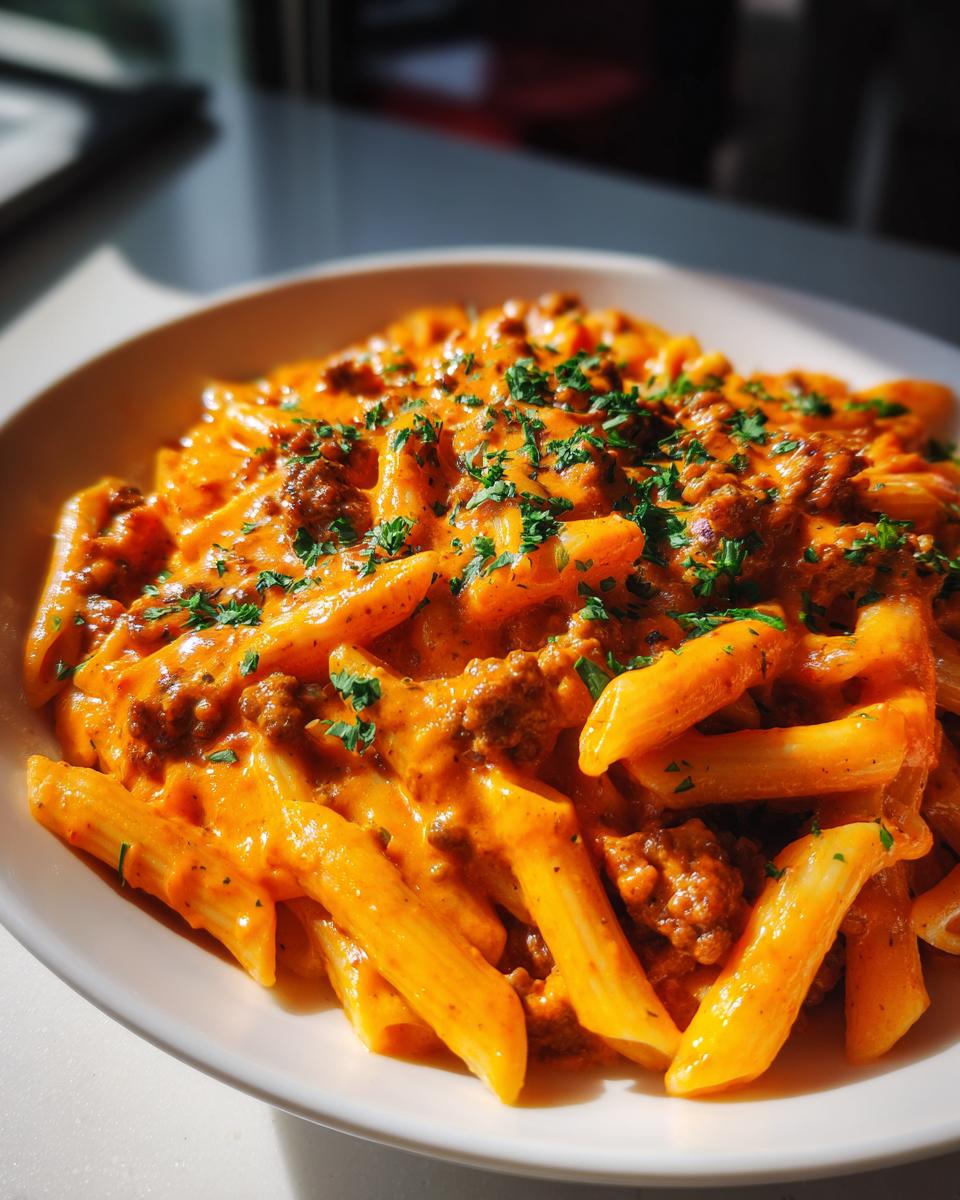 Nahaufnahme einer cremigen Nudelpfanne mit Hackfleisch und Paprikacreme, garniert mit frischer Petersilie.