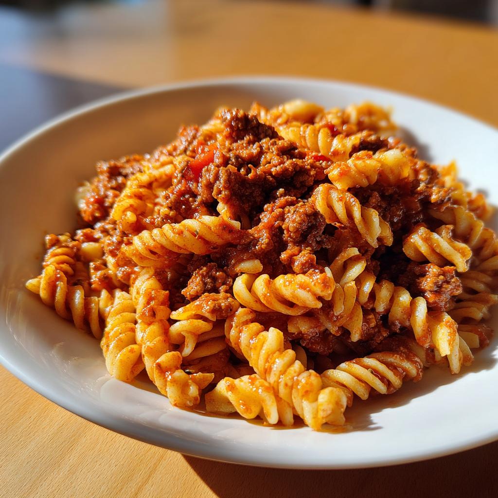 Nahaufnahme einer Portion Nudelpfanne mit Hackfleisch und Tomatenmark, serviert in einem weißen Teller.