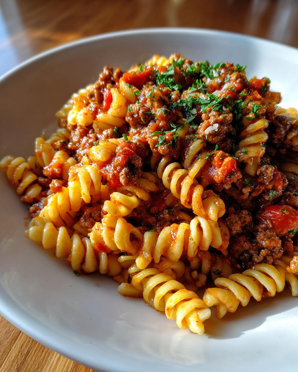 Nahaufnahme einer Portion Nudelpfanne mit Hackfleisch und Tomatenmark, garniert mit Petersilie.