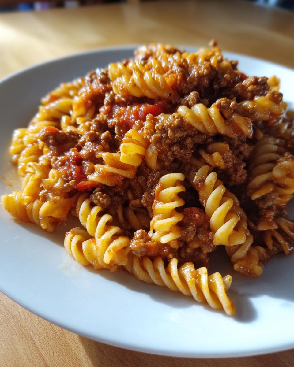 Teller mit einer Portion Nudelpfanne mit Hackfleisch und Tomatenmark, leuchtend rot und appetitlich.