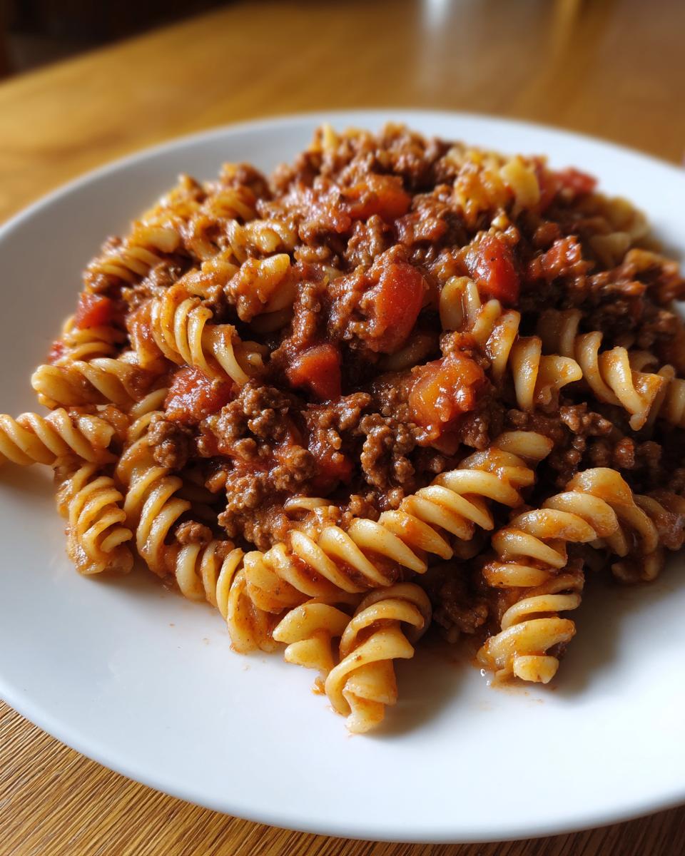 Ein Teller mit leckerer Nudelpfanne mit Hackfleisch und Tomatenmark, angerichtet mit Spiralnudeln.