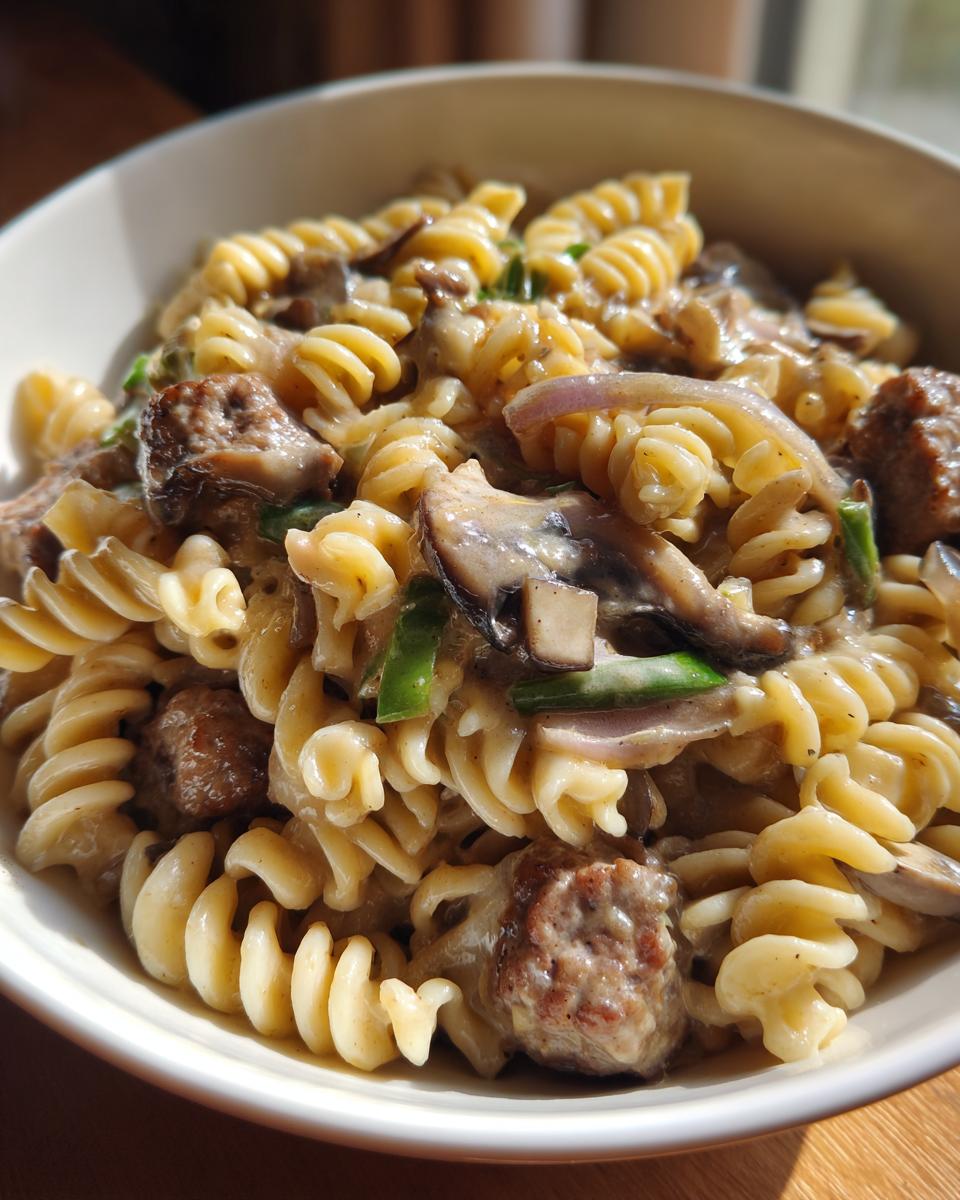 Nahaufnahme einer cremigen Nudelpfanne mit Bratwurststücken, Pilzen und Zwiebeln in einer weißen Schüssel.