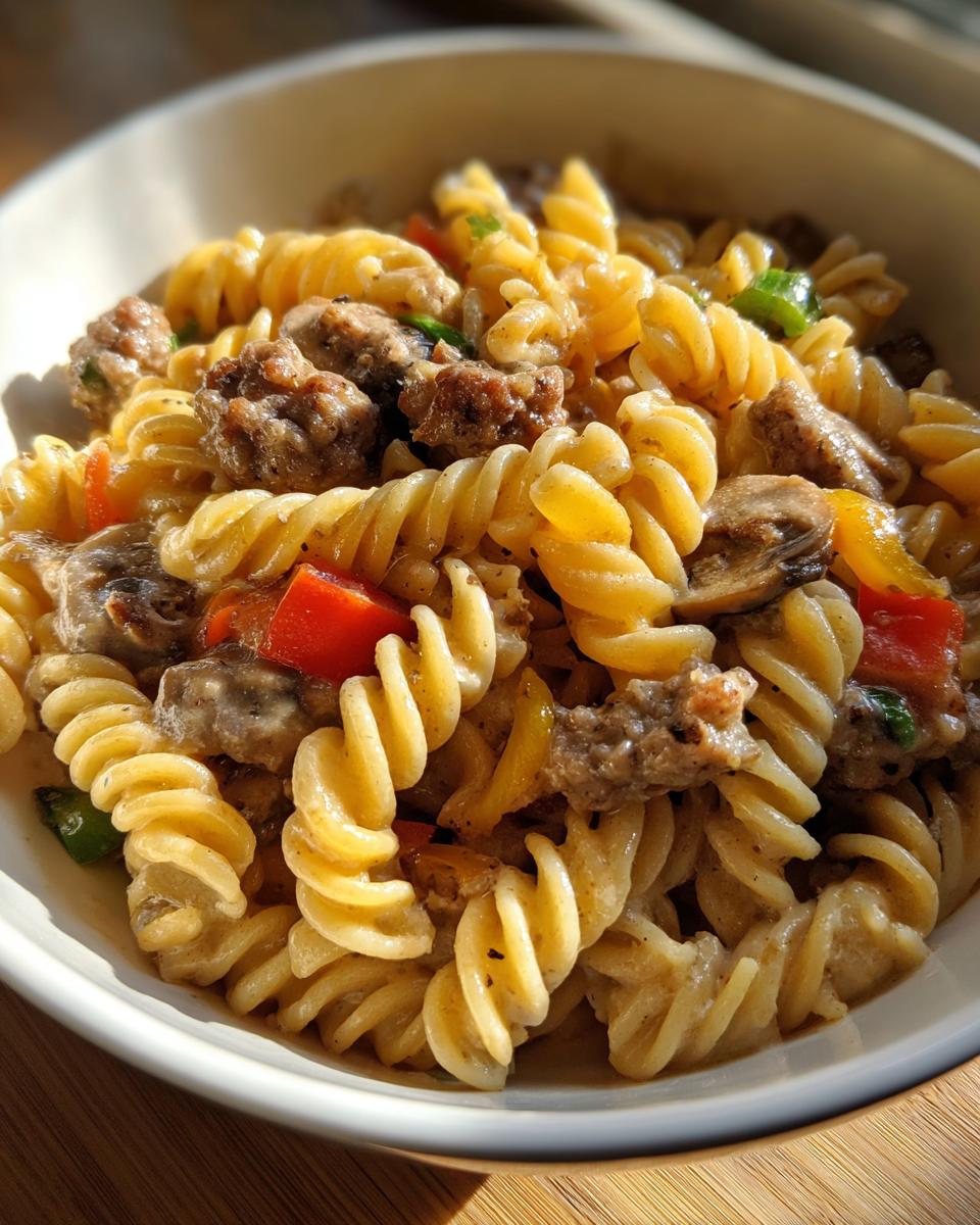 Nahaufnahme einer cremigen Nudelpfanne mit Bratwurststücken, Pilzen und Paprika in einer weißen Schüssel.