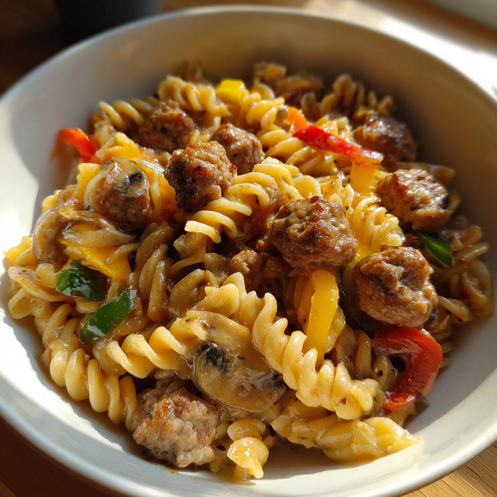 Nahaufnahme einer cremigen Nudelpfanne mit Bratwurststücken, Pilzen und Paprika in einer weißen Schüssel.