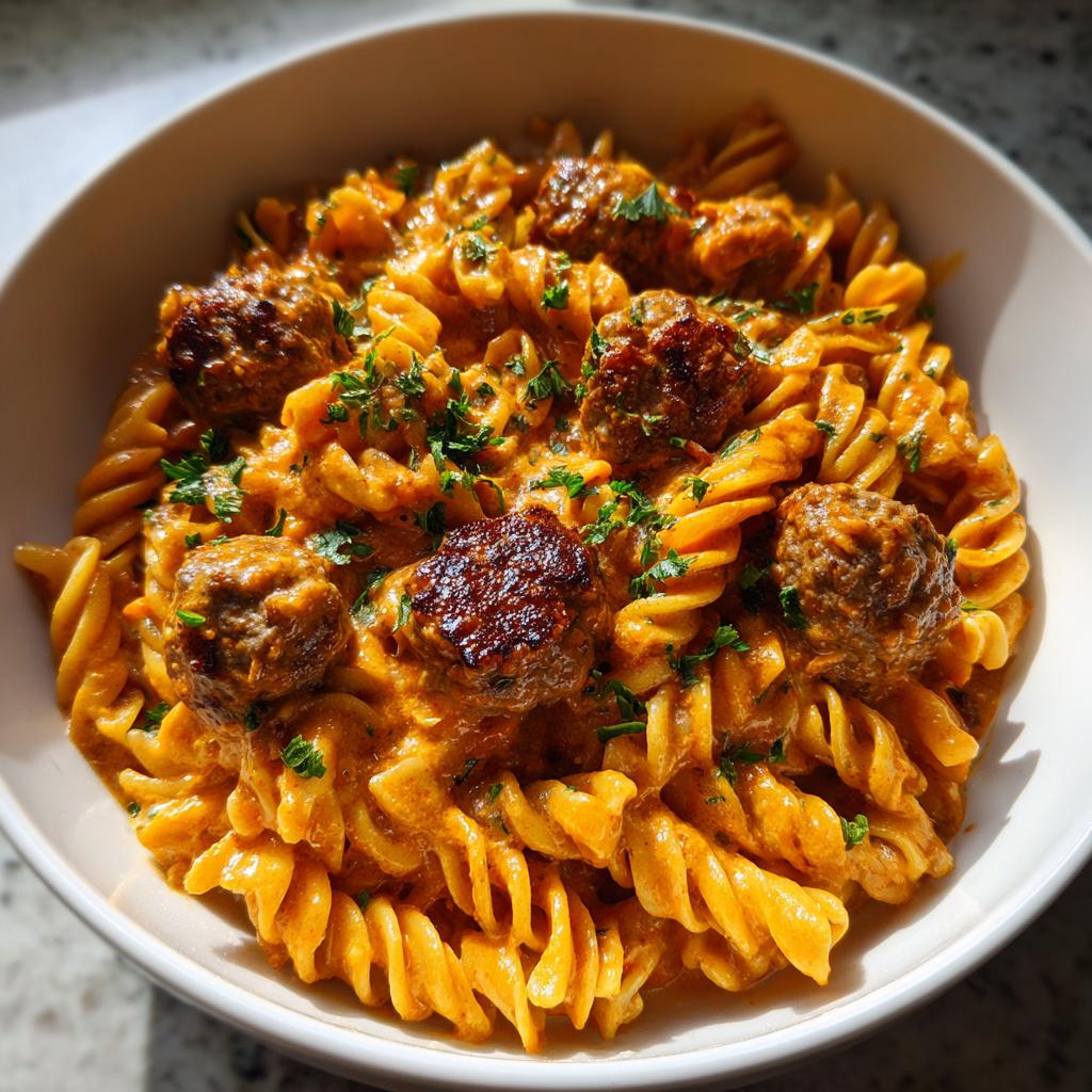 Nahaufnahme einer cremigen Nudelpfanne mit Frikadellenstücken und frischer Petersilie.