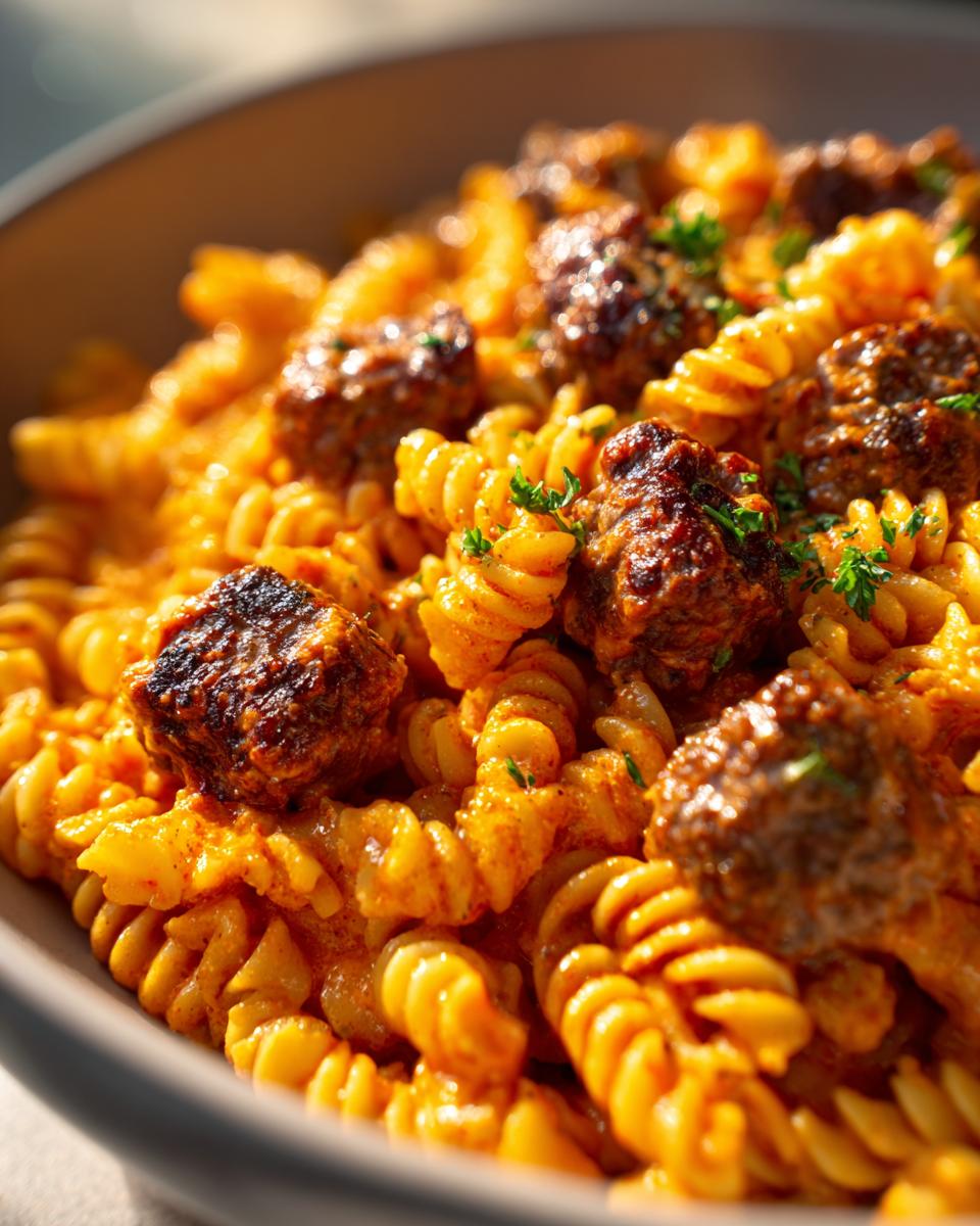 Nahaufnahme einer cremigen Nudelpfanne mit Frikadellenstücken und frischer Petersilie in einer Schale.