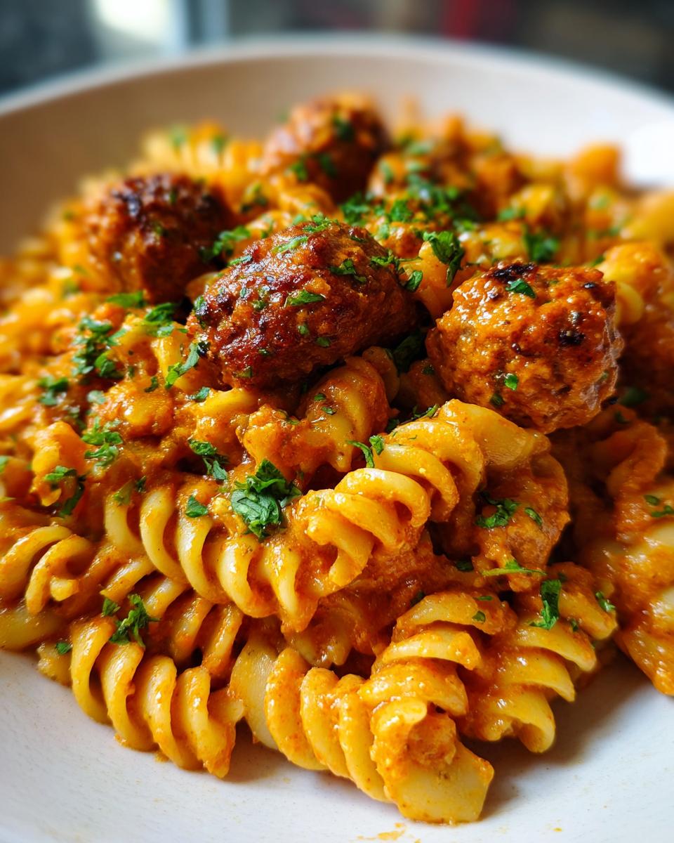 Nahaufnahme einer cremigen Nudelpfanne mit Frikadellenstücken und frischer Petersilie.