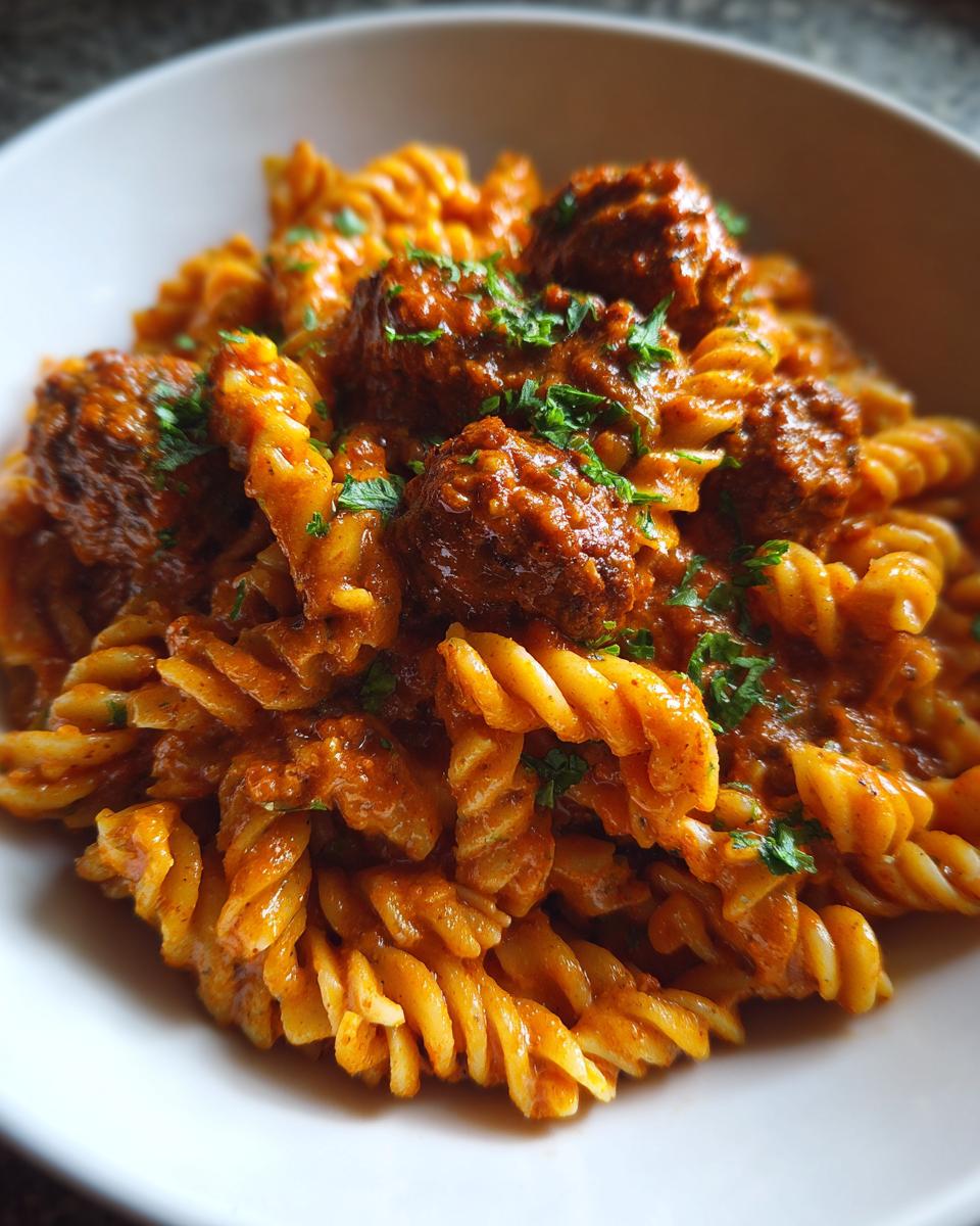 Nahaufnahme einer cremigen Nudelpfanne mit Frikadellenstücken und frischer Petersilie in einer weißen Schüssel.