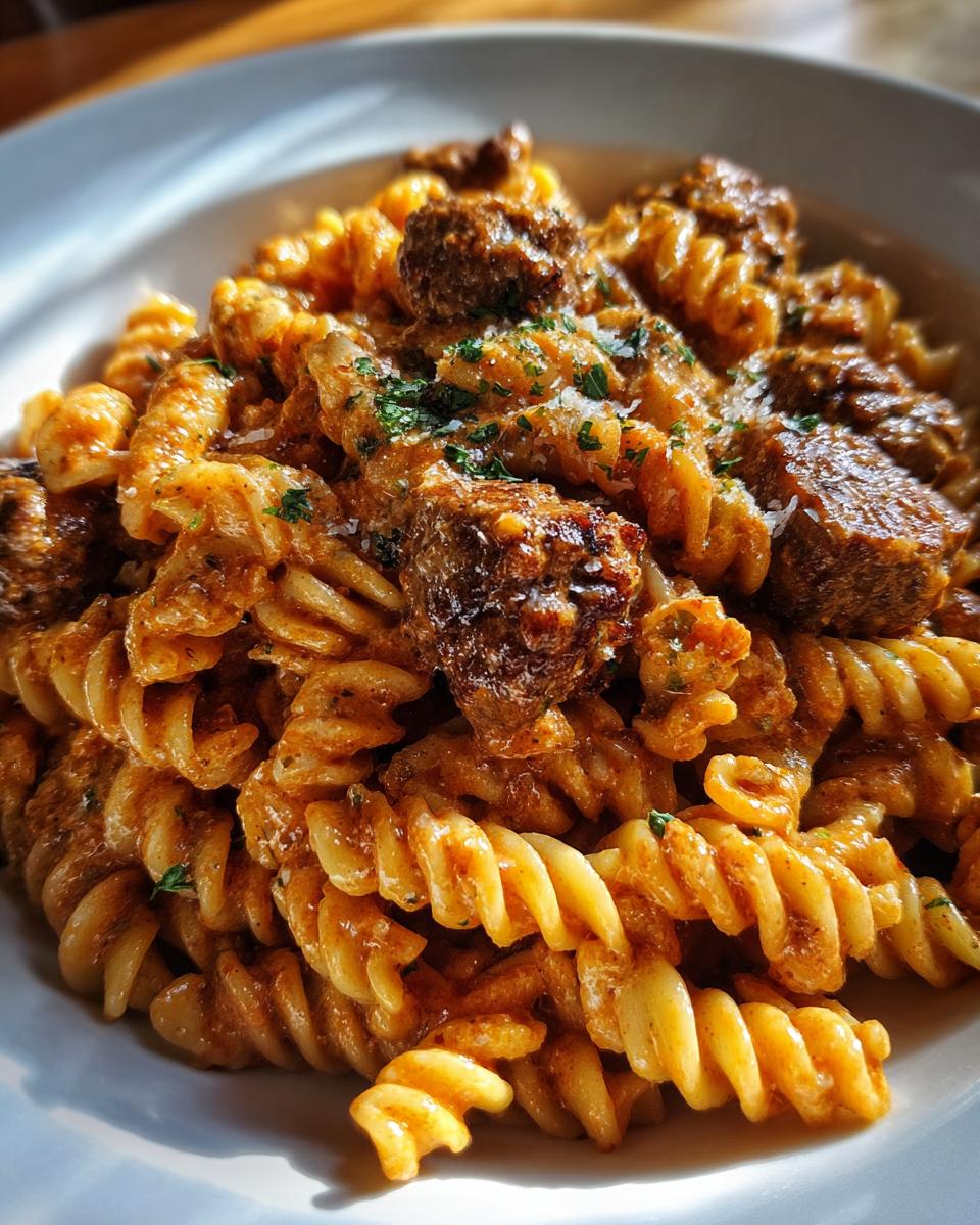 Nahaufnahme einer cremigen Nudelpfanne mit Frikadellenstücken, bestreut mit Petersilie und Parmesan.