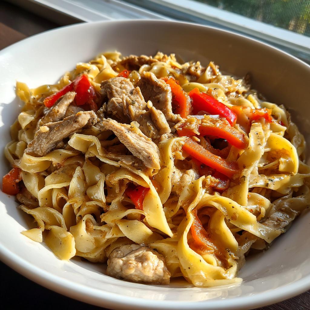 Nahaufnahme einer leckeren Nudelpfanne mit Gyrosstreifen und roten Paprikastreifen in einer weißen Schüssel.