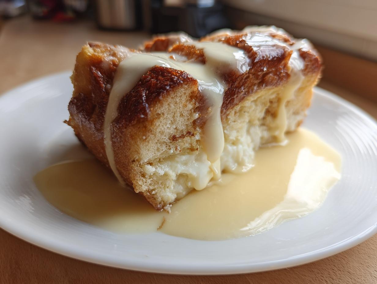 Ein Stück goldbrauner Ofenschlupfer, übergossen mit cremiger Vanillesauce, auf einem weißen Teller.