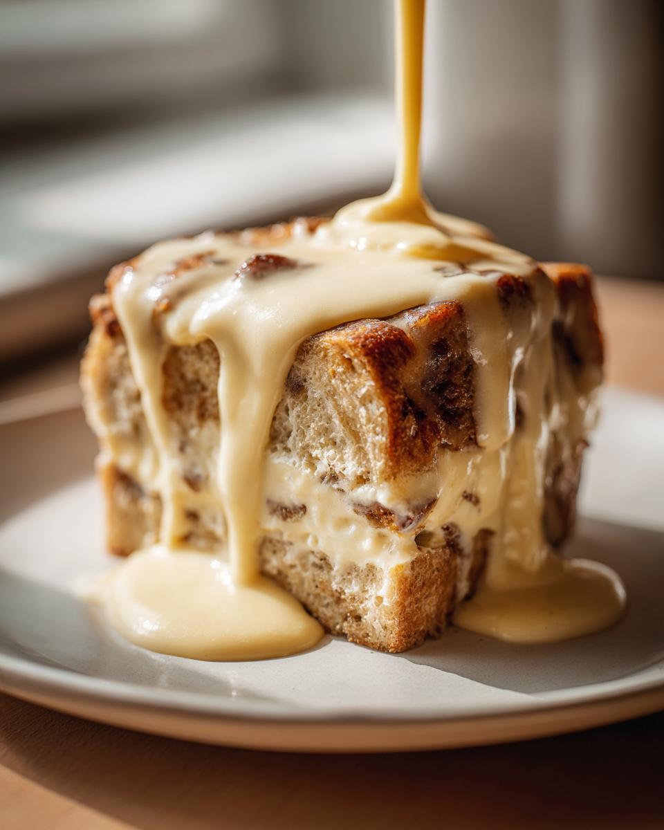 Ein saftiges Stück Ofenschlupfer mit Vanillesauce übergossen, das auf einem Teller liegt.