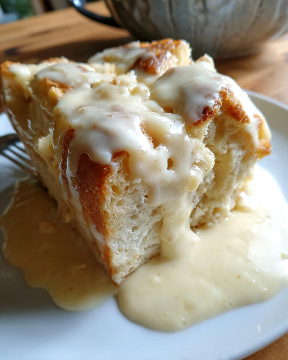 Ein großes Stück Ofenschlupfer mit reichlich Vanillesauce übergossen auf einem weißen Teller.