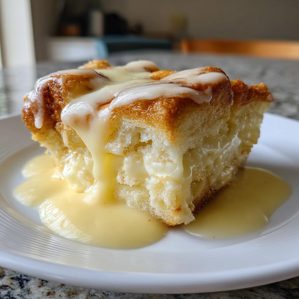 Ein Stück Ofenschlupfer mit Vanillesauce, das auf einem weißen Teller tropft.