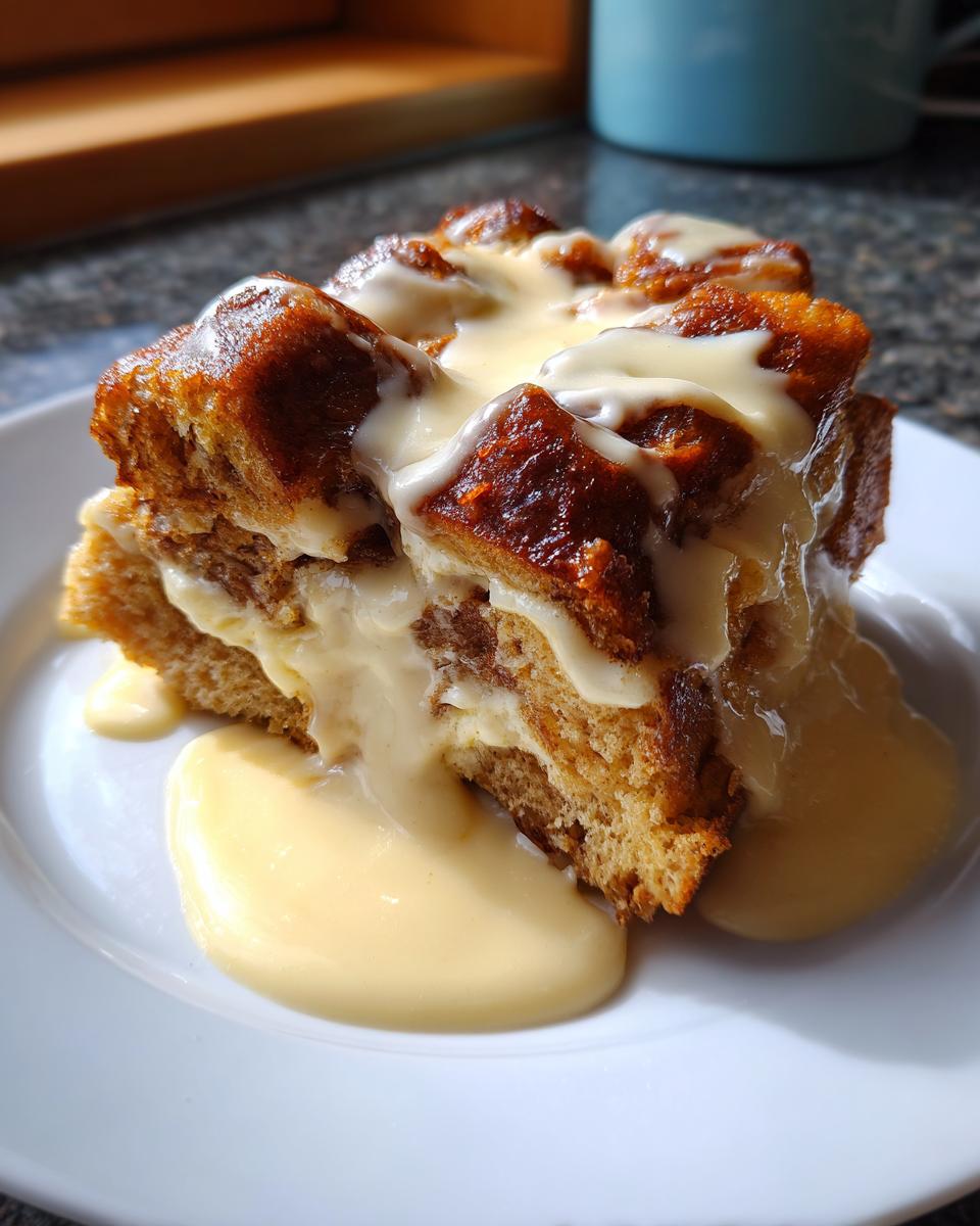 Ein saftiges Stück Ofenschlupfer, übergossen mit cremiger Vanillesauce, auf einem weißen Teller.