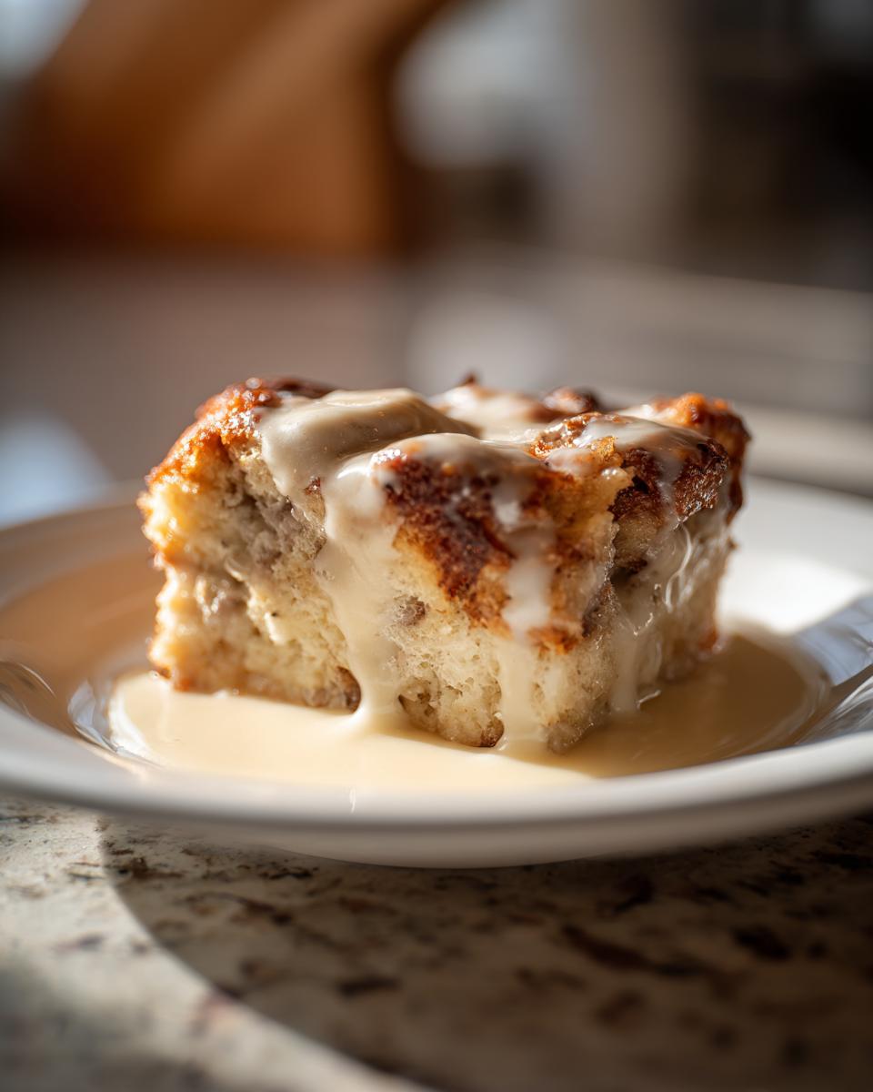 Ein Stück saftiger Ofenschlupfer mit Vanillesauce, appetitlich angerichtet auf einem weißen Teller.