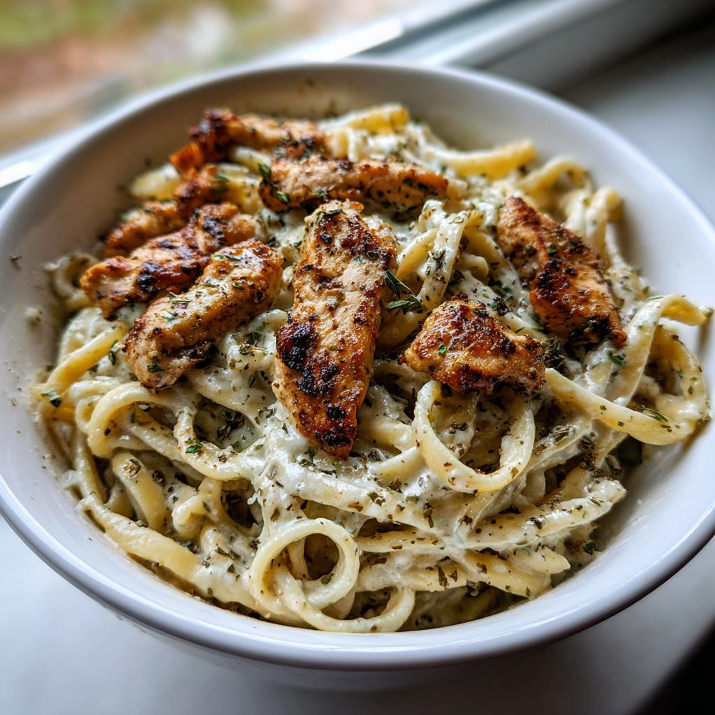 Cremige One-Pot-Gyros-Nudeln mit goldbraun gebratenen Hähnchenstreifen und Kräutern.