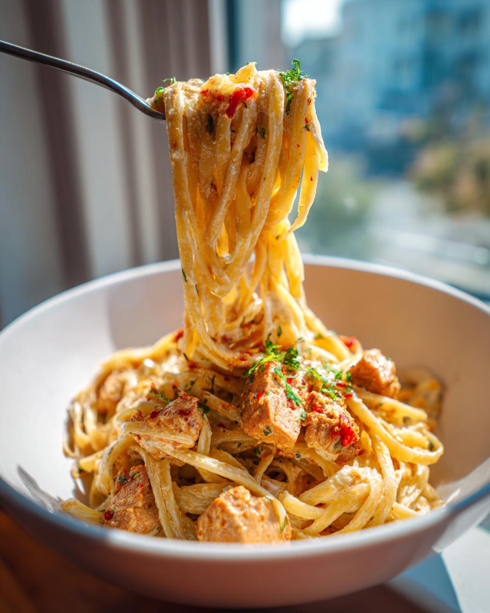 Eine Gabel zieht cremige One-Pot-Gyros-Nudeln mit Fleischstücken aus einer weißen Schüssel.