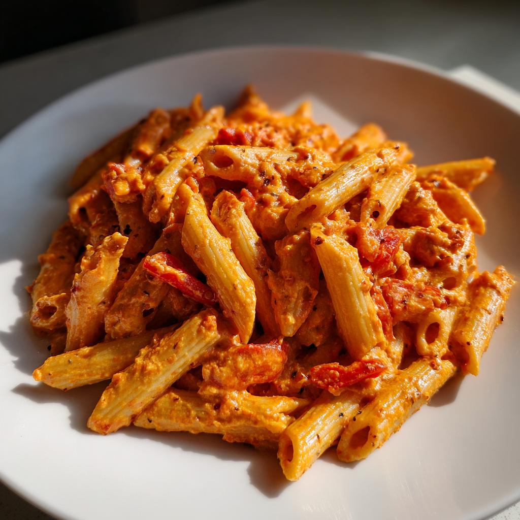 Nahaufnahme von Penne in cremiger, oranger Paprika-Frischkäse-Pasta mit sichtbaren Paprikastücken.