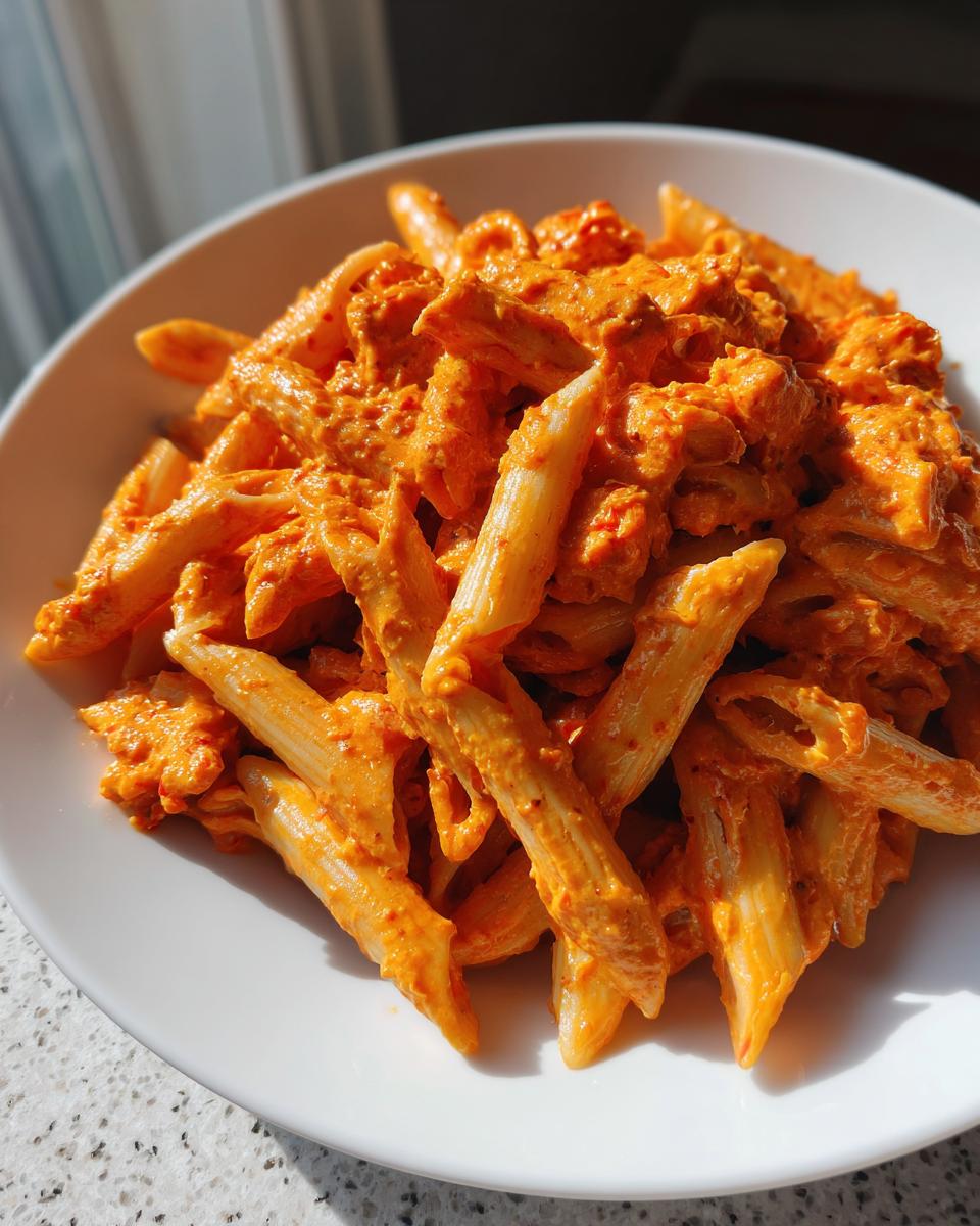 Nahaufnahme von Penne-Nudeln, üppig bedeckt mit einer leuchtend orangefarbenen Paprika-Frischkäse-Pasta Sauce.