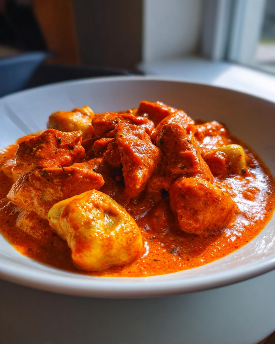 Nahaufnahme von cremigem Paprikás csirke mit Nockerl in einer weißen Schüssel, leuchtend orange-rot.