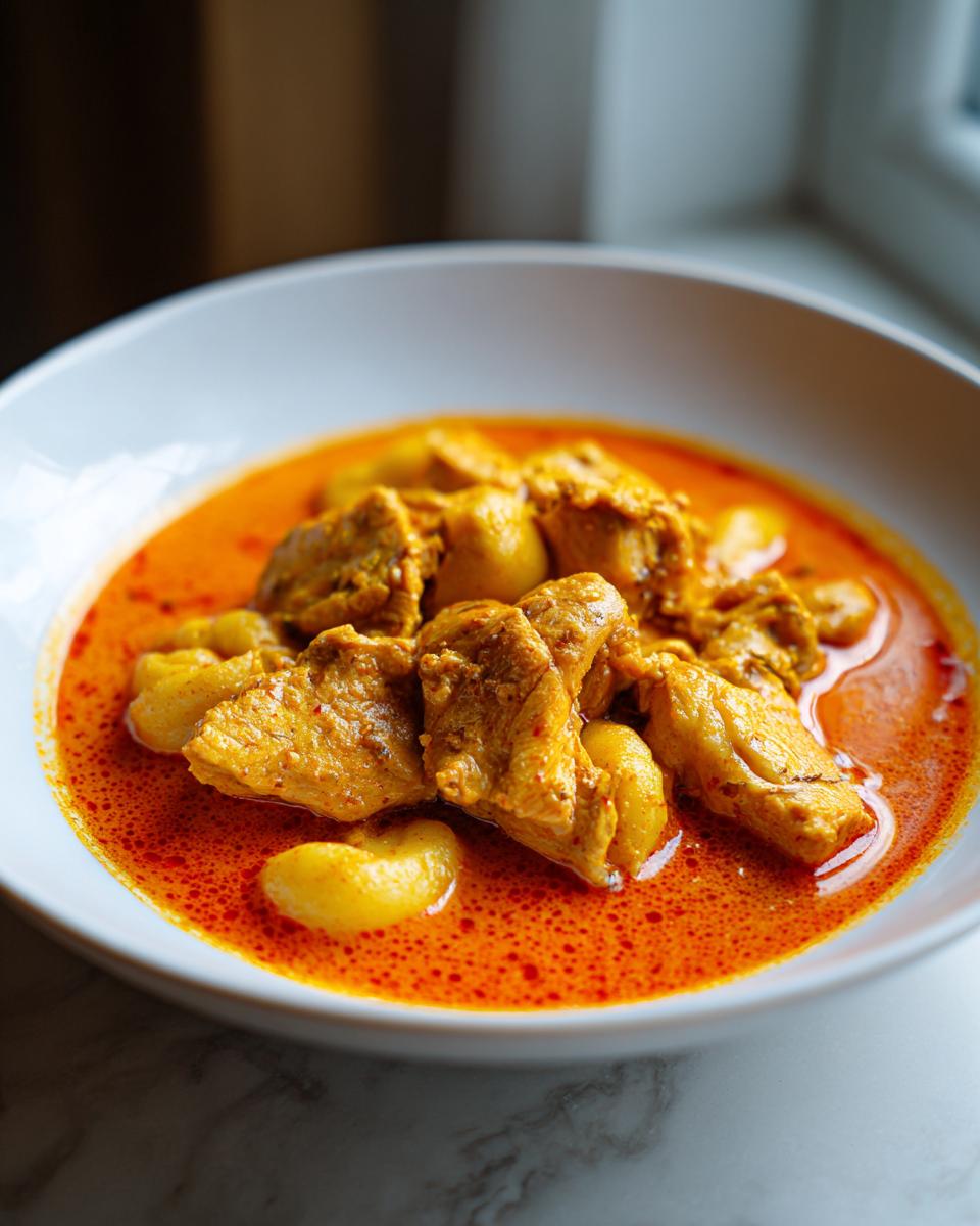 Nahaufnahme von saftigen Hühnchenstücken und Nockerl in einer leuchtend roten Paprikás csirke mit Nockerl Sauce.