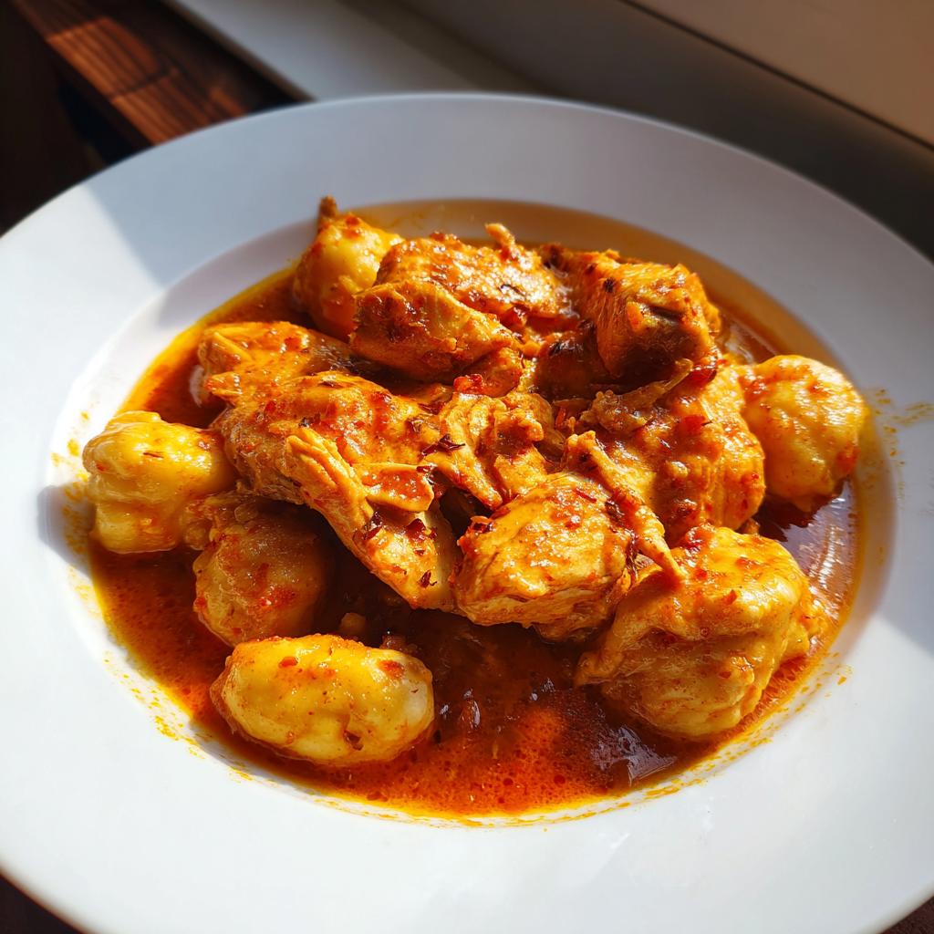 Nahaufnahme von cremigem Paprikás csirke mit Nockerl in einer tiefroten Paprikasoße auf einem weißen Teller.