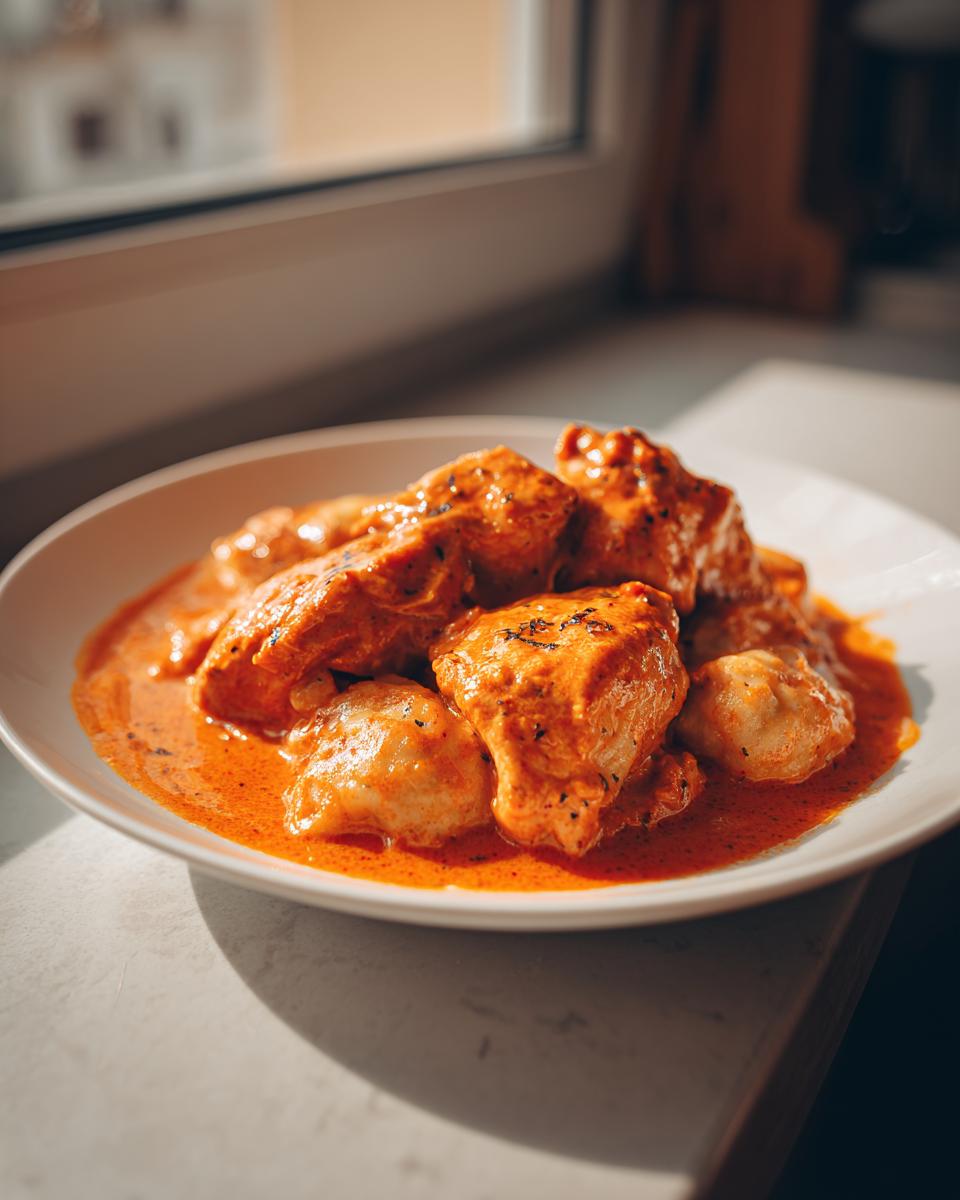 Nahaufnahme von saftigem Paprikás csirke mit Nockerl in einer cremigen, leuchtend roten Paprikasoße auf einem weißen Teller.