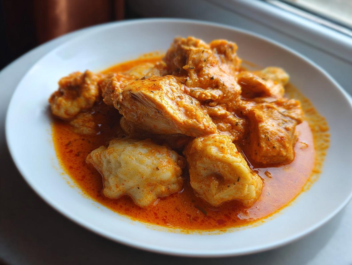 Teller mit cremigem Paprikás csirke mit Nockerl in leuchtend oranger Soße.