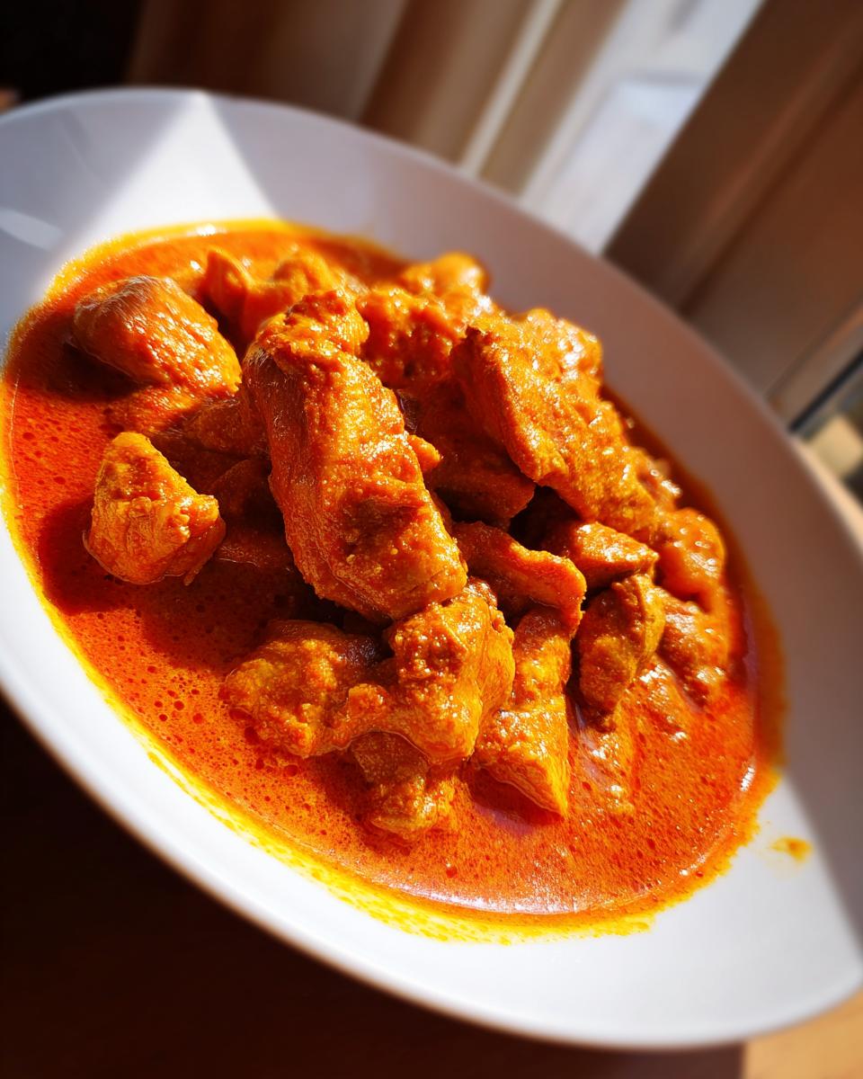 Nahaufnahme von saftigen Hähnchenstücken in einer leuchtend roten Soße, bereit für Paprikás csirke mit Nockerl.