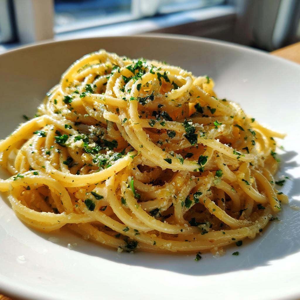 Ein Teller mit leckerer Pasta mit Butter, Zitrone und Parmesan, bestreut mit frischer Petersilie.