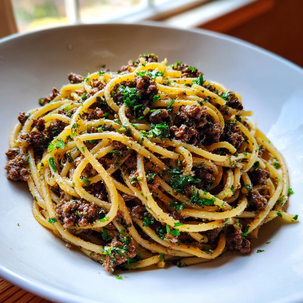 Nahaufnahme von Pasta mit Hackfleisch und Kräuterbutter, üppig mit frischer Petersilie bestreut.
