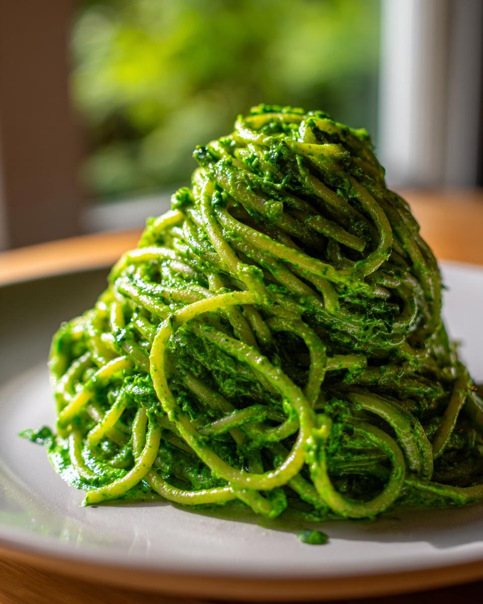 Ein hoher Berg Pasta, üppig bedeckt mit leuchtend grüner Pasta mit Bärlauch-Frischkäse Sauce.