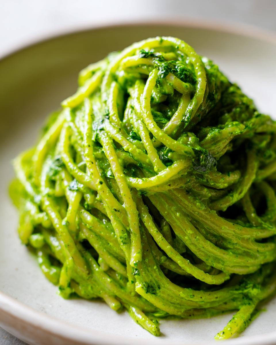 Nahaufnahme von perfekt al dente gekochter Pasta, üppig umhüllt von einer leuchtend grünen Bärlauch-Frischkäse-Sauce.