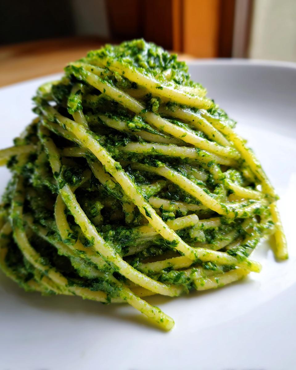 Ein perfekt angerichteter Haufen Pasta, überzogen mit einer leuchtend grünen Bärlauch-Frischkäse-Soße.