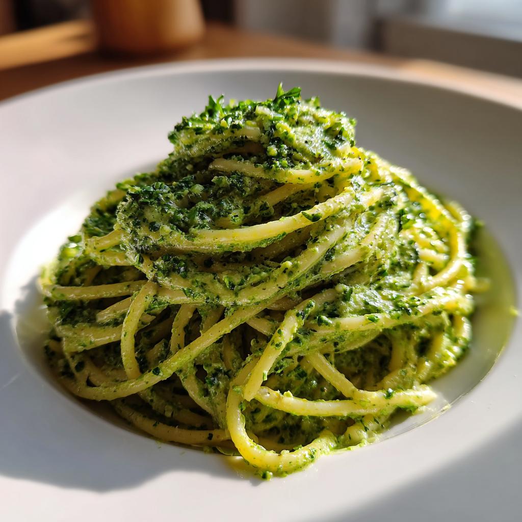 Nahaufnahme von Pasta mit Bärlauch-Frischkäse, appetitlich aufgetürmt in einer weißen Schale.