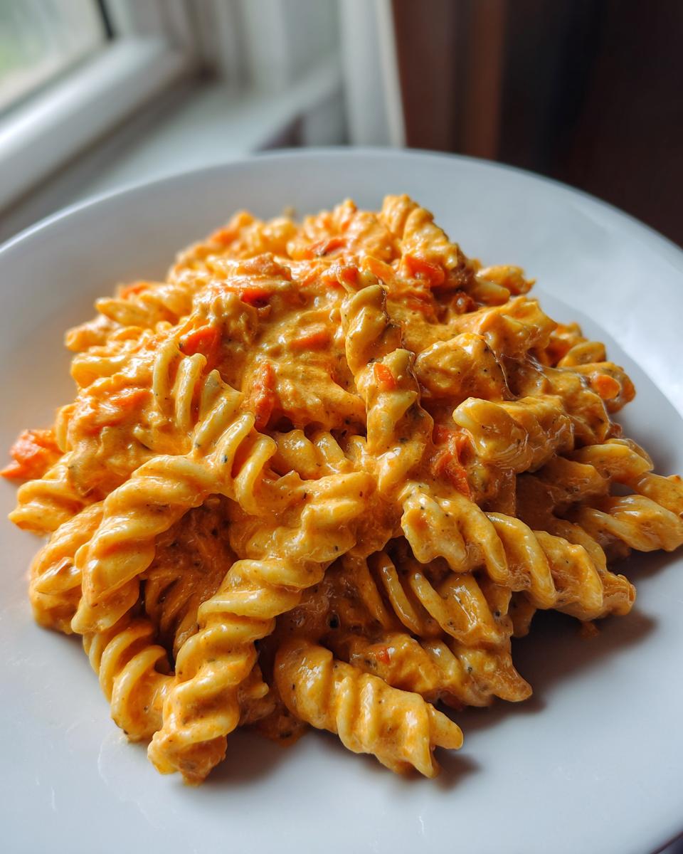 Nahaufnahme von cremiger Pasta mit Frischkäse und Karotten in einer weißen Schüssel, appetitlich angerichtet.