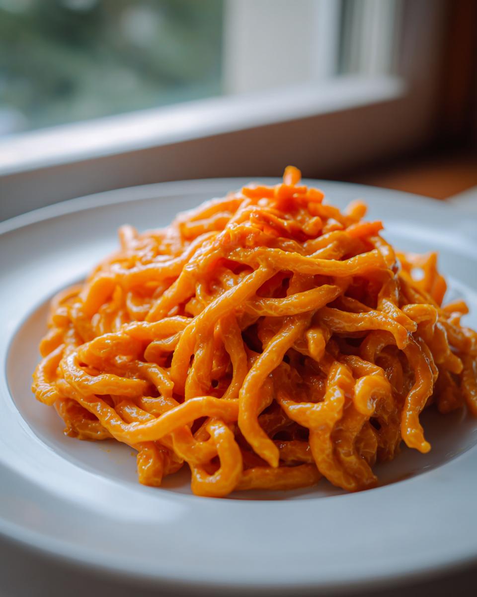 Nahaufnahme von leuchtend oranger Pasta mit Frischkäse und Karotten-Soße auf einem weißen Teller.
