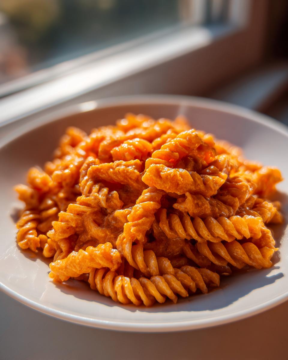 Nahaufnahme von cremiger Pasta mit Frischkäse und Karotten in einer Schüssel, leuchtend orange.