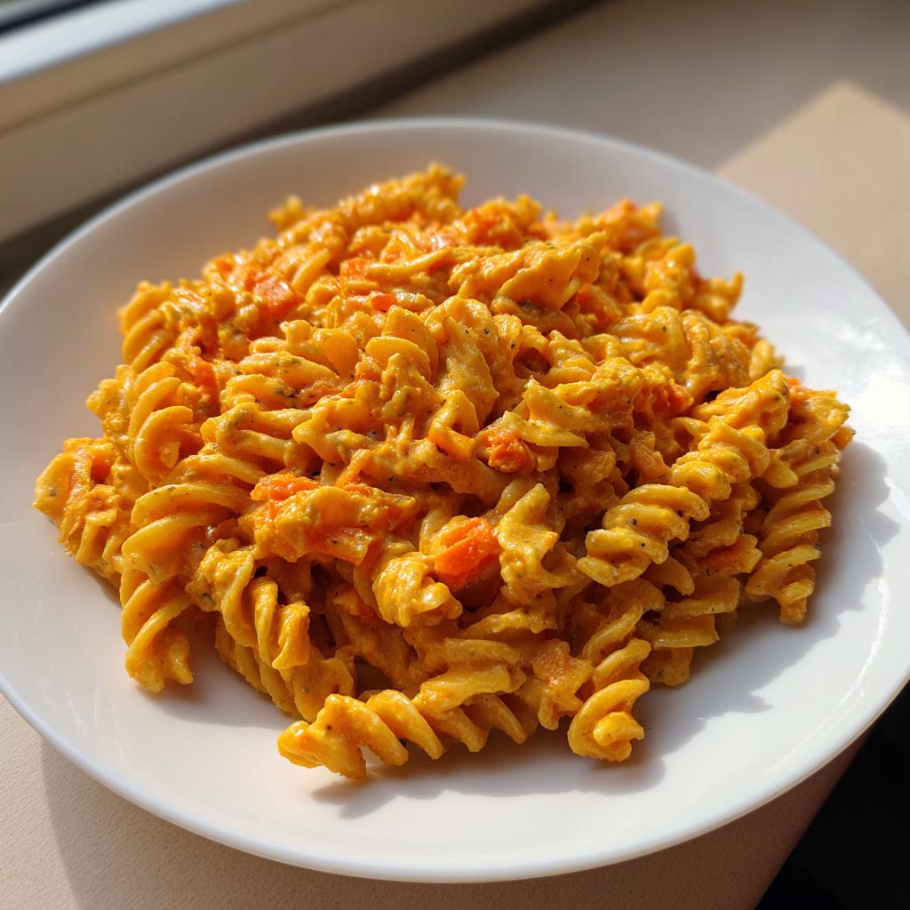 Teller mit cremiger Pasta mit Frischkäse und Karotten, leuchtend orange und appetitlich.