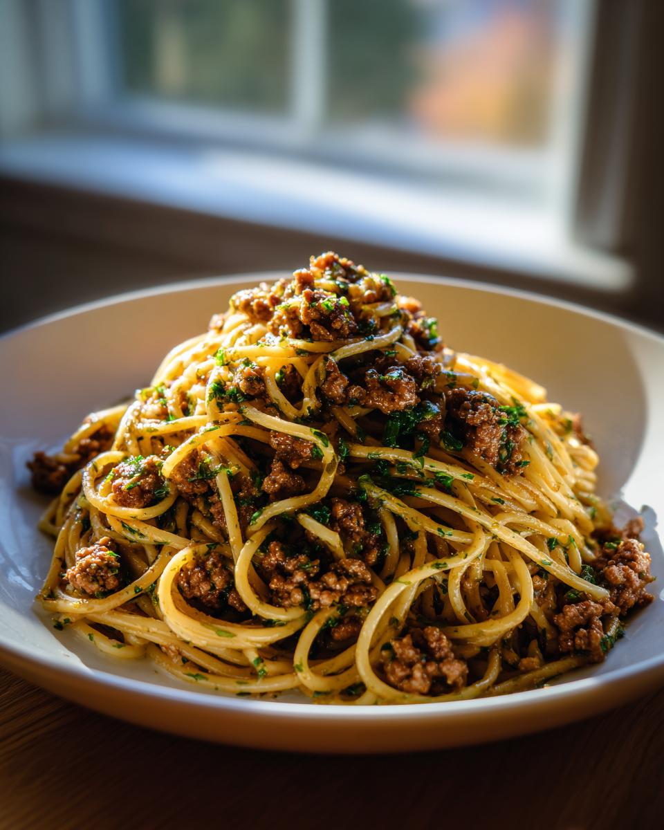 Teller mit saftiger Pasta mit Hackfleisch und Kräuterbutter, appetitlich angerichtet.